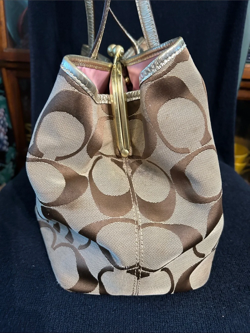 Coach Signature Monogram Canvas Tote w Gold Metallic Trim, Leather Straps